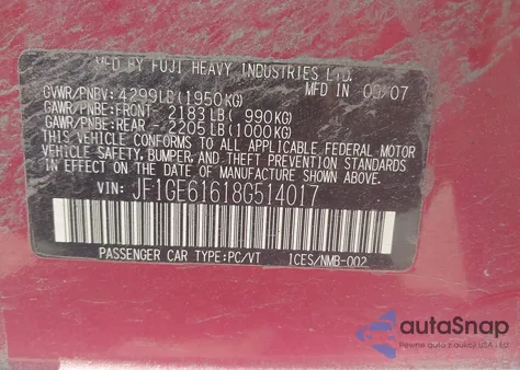 2008 Subaru Impreza 2.5I z USA, uszkodzony, nr VIN JF1GE61618G514017